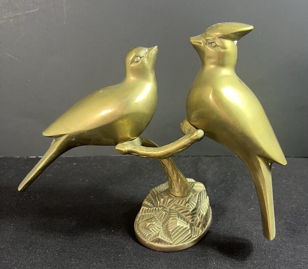 Vintage Brass Birds Figurine Cardinal Pair on Branch Patina 6.25" x 8" Heavy